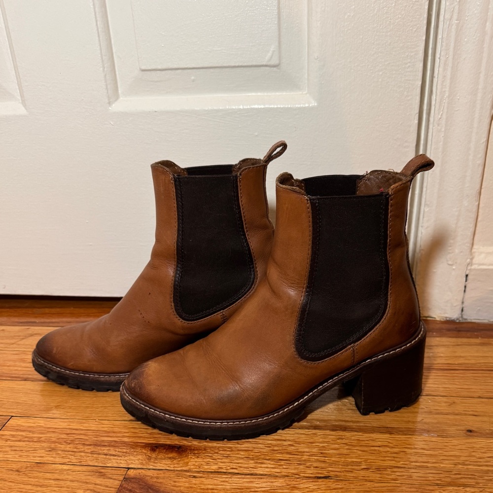 Thursday Boot Company Tan Leather Chelsea Booties with Black Elastic Panels